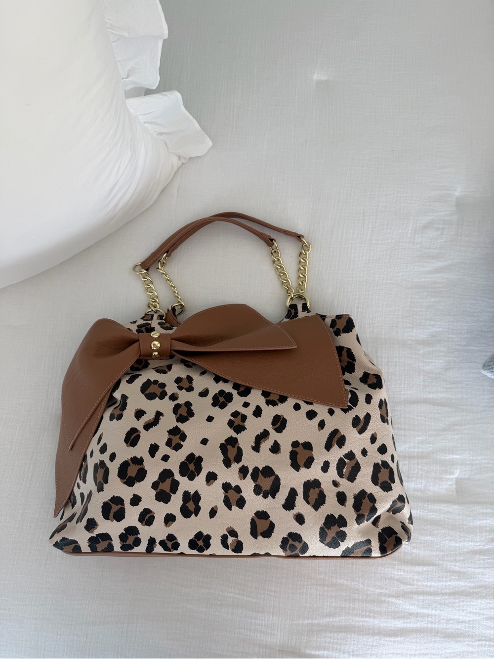 Betsey Johnson Leopard Print Shoulder Bag with Brown Bow